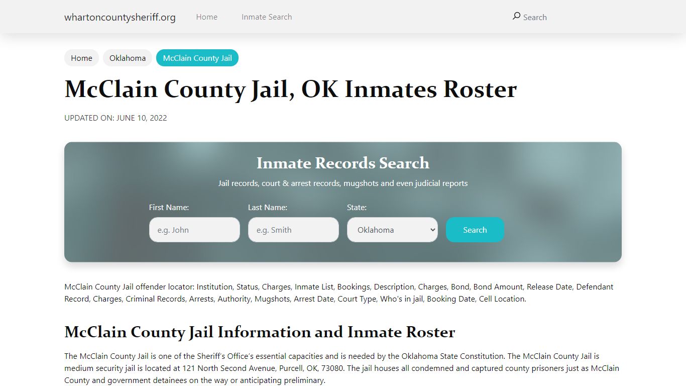 McClain County Jail, OK Jail Roster, Name Search